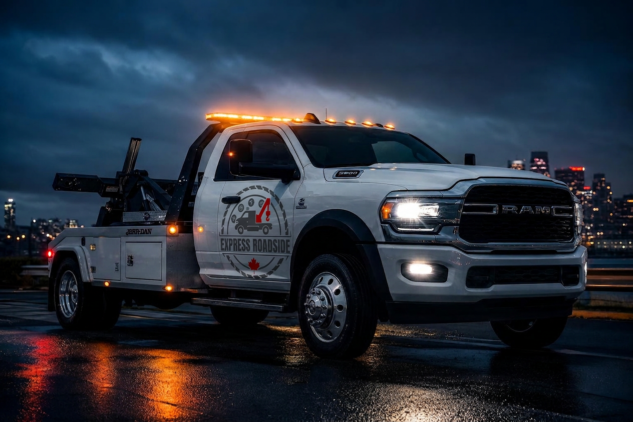 Express Roadside tow truck with emergency lights on a dark highway